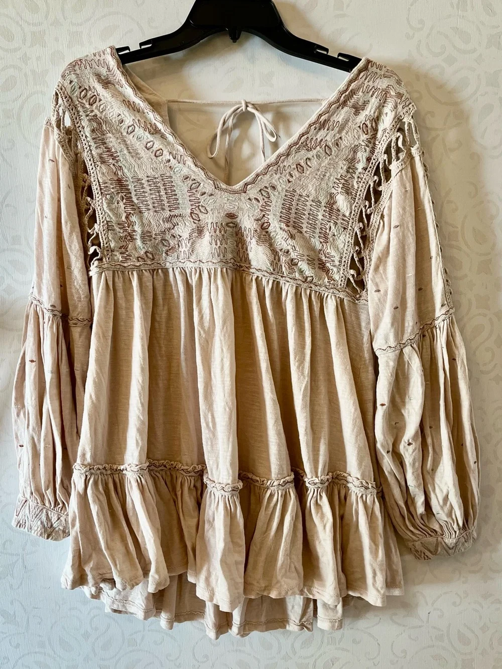 Free People Embroidered Much Love V-Neck Cottagecore Boho Tunic, Cream, Small